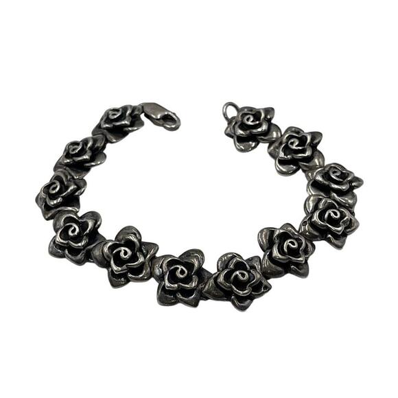 Sterling Silver Marked 925 Rose Flower Linked Feminine Oxidized bracelet 22 Gr - Picture 1 of 14